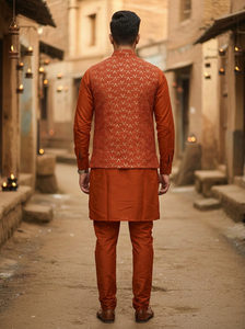 Ensemble kurta et pantalon en soie romaine de créateur pour homme, avec koti brodé de sequins, prêt-à-porter, infroissable, pour occasions festives - Product Image 4