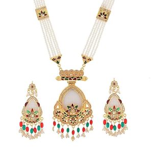 Indian Gold Plated Zinc Alloy Long Necklace Earring Set Traditional Ethnic Women's Wedding Jewelry Zircon Flower Design Channel - Product Image 1