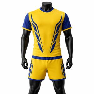 Conjunto de Camiseta y Pantalones Cortos de Fútbol Sublimados en Amarillo y Azul para Hombre, Cuello en V, Absorbe la Humedad, Ajuste Atlético, para Todas las Temporadas, 100% Poliéster, Personalizable - Product Image 1