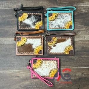 New Arrival Hand Tooled Cowhide Genuine <b>Leather</b> Card Holder Sunflower Design Mini Coin & Card Holder Wristlet Unisex Purse - Product Image 1