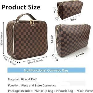 Spaziosa Borsa da Viaggio Impermeabile in Pelle PU per Cosmetici, Organizer con Scomparti Regolabili, Borsa per il Trucco a Quadretti W - Product Image 6