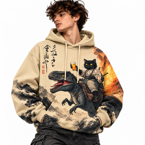 Sweat à capuche surdimensionné pour homme avec motif de chat samouraï japonais et dinosaure, style streetwear anime - Product Image 1