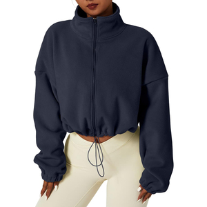New Arrival <b>Women's</b> <b>Navy</b> Blue Fleece Zip-Up Crop Jacket Stand Collar Full Sleeve Autumn Wear Solid Color Unlined Sweatshirt OEM - Product Image 1