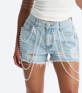 Women's Rhinestone Denim High <b>Waisted</b> Diamond Fringe Tassel Wide Leg Frayed Raw Hem Blue Washed Casual Shorts - Product Image 6