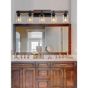 5-<b>Light</b> Rustic Industrial Bathroom Vanity <b>Light</b> 35\" Modern Farmhouse <b>Wall</b> Sconce <b>Wood</b> Accent Glass Shades No Bulbs Included - Product Image 4
