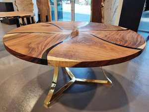 Contemporary Round Wood Resin Dining <b>Table</b> Handmade Solid Hardwood Furniture with Artistic River Design - Product Image 4