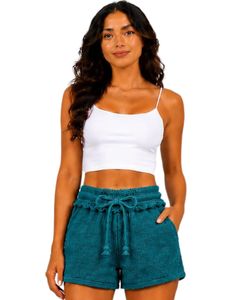 Teal Blue Women <b>Drawstring</b> Cotton Terry Shorts Elastic Waist Casual Summer Lounge Wear Soft Pocket Mini Shorts Custom Fashion - Product Image 1