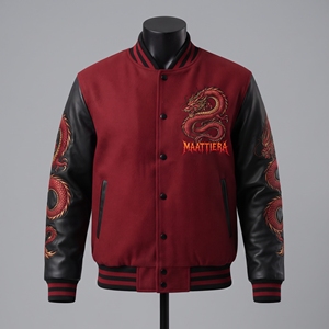 Blouson bomber pour homme avec broderie de dragon rouge, manches en cuir noir, veste de mode streetwear personnalisée - Product Image 4