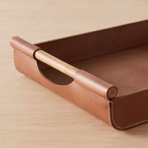 Wholesale Luxury Rectangular Leather Dining Tray Bulk Wooden Handles Hotel Restaurant Serving Platter Elegant Tableware - Product Image 6