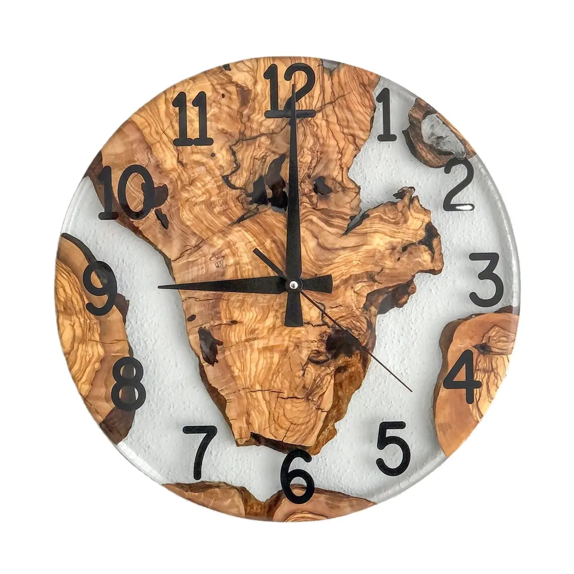 Madera de Olivo de resina transparente Hecho a pedido Epoxi y Oliva Gran metal masivo Contemporáneo Metal neutro Decoración para el hogar Reloj moderno