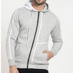 Men's Gray <b>Hooded</b> <b>Zip</b>-Up Sweatshirt With White Stripes And Pockets Casual Fit - Product Image 2