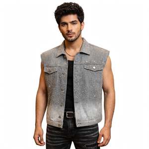 Wholesale Custom Men's Light <b>Grey</b> Vintage Woven Denim <b>Vest</b> Rhinestones Starry Ombre Sleeveless Studded Glitter Jean Streetwear - Product Image 1