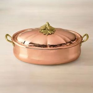 Olla ovalada de cobre pulido con tapa decorativa con diseño de pájaro dorado y asas laterales doradas, utensilios de cocina de lujo para servir. - Product Image 1
