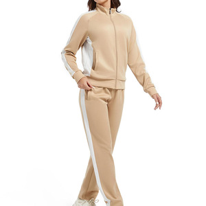 Survêtement beige pour femme avec blocs de couleur, fermeture éclair sur le devant, manches longues, décontracté, pour l'automne, avec poches latérales, coupe classique - Product Image 2