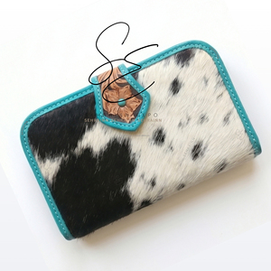Turquoise Carved Genuine Leather <b>Wristlet</b> Women Western Cowgirl Style Zippered Clutch Hair On Hide Evening Purses Chic Wallets - Product Image 2