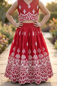 Shoryam Fashion Girls Red Embroidered Floor-Length Lehenga Choli Kids Indian Ethnic Wear All Seasons Regular Fit Wedding Party - Product Image 4