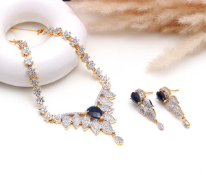 Conjunto de collar de zafiro azul de diseño, con circonitas cúbicas de corte pera, chapado en oro sobre latón, ajustable, joyería nupcial, regalo nupcial al por mayor para ella - Product Image 2