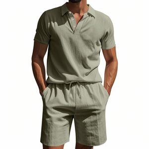Conjunto Casual de Verano para Hombre de Dos Piezas, 100% Algodón, Traje de Playa Corto Tejido, Camisa y Pantalones en Colores Sólidos - Product Image 4
