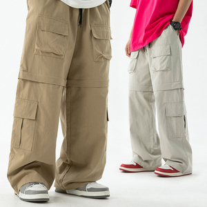 Pantalon de travail vintage pour homme, noir, coupe droite, élastique, avec cordon de serrage, plusieurs poches, respirant, léger, 100% coton, été - Product Image 6