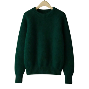Suéter de punto verde oscuro para mujer, cuello redondo, manga larga, informal, suave, cálido, holgado, con puños y bajo acanalados, liso, top de invierno - Product Image 1
