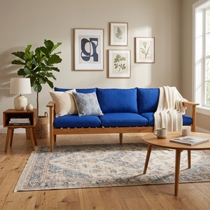 Canapé 3 places en teck massif avec coussins bleu roi, canapé de salon, canapé en bois artisanal, mobilier de salon moderne - Product Image 4