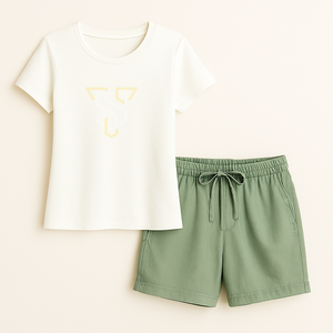 Conjunto de Verano para Mujer, Camiseta de Algodón y Bambú Lisa, Pantalones Cortos con Cintura Elástica, Ligero, de Secado Rápido y Transpirable - Product Image 1