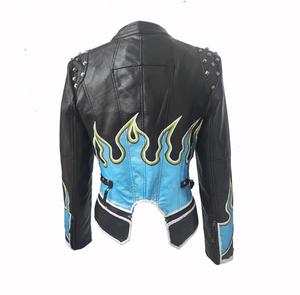 Blouson Moto Coupe-Vent en Cuir PU Blanc avec Broderie Flamme Bleue, Détails Rivets, Fermeture Éclair, Coupe Slim, Style Motard Unisexe Hiver - Product Image 6