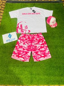 Men's Summer Casual Set White T-Shirt Pink <b>Camouflage</b> Shorts Cap Sublimation Print Quick Dry Polyester - Product Image 2