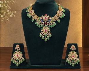 TISHYA Gold Plated Alloy Necklace Earrings <b>Set</b> with Ruby Round Brilliant Cut Imitation <b>Pearl</b> Ethnic Wedding <b>Jewelry</b> for Women - Product Image 1