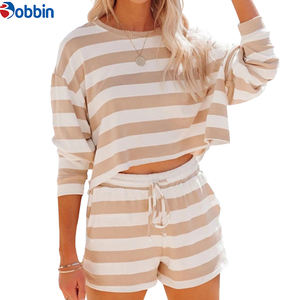 ชุดเซ็ตฤดูร้อนลายทางพิมพ์โลโก้ตามสั่ง คอกลม แขนยาว ชุดลำลองใส่สบายๆ ชุดนอนผ้าถักสำหรับผู้หญิง ผ้าฝ้าย - Product Image 1