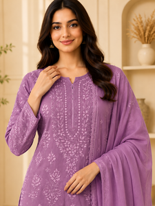 Exclusive Women Lavender <b>Chikankari</b> Hand Embroidered Straight Kurti Ethnic Floral Suit - Product Image 3