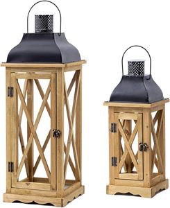 <b>Large</b> Rustic Wooden Lantern <b>Candle</b> Holder with Metal Top Farmhouse Decorative Hanging Lantern for Indoor Outdoor Decor - Product Image 1