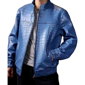 Chaqueta Bomber de Cuero con Grabado de Cocodrilo Azul para Hombre, Cuello Alto, Cierre de Cremallera, Estilo Motociclista, Corte Regular, para Otoño - Product Image 1