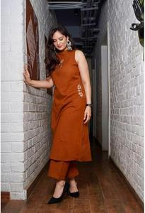 Rust Orange Sleeveless <b>Kurta</b> Set for <b>Women</b> with Embroidered Details Straight Pants Side Pockets and Elegant Ethnic Festive Style - Product Image 4