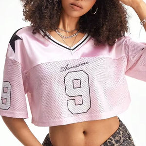 Camiseta Corta de Fútbol Americano con Estampado Personalizado OEM para Mujer, Manga Corta de Verano, Hombros Caídos, Cuello en V, Tallas Grandes, Transferencia Térmica - Product Image 3