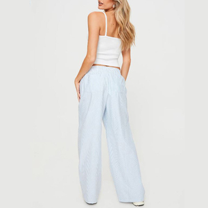 Pantalones de Mujer con Logotipo Personalizado, Casuales, 100% Algodón, Holgados, con Rayas Azules, Pantalones Largos, Tallas Grandes - Product Image 4