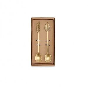 2 Cucharas de Postre de Latón con Diseño de Hoja, Nuevas, en Caja de Regalo Marrón, Más Vendidas - Product Image 1