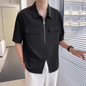 เสื้อเชิ้ตผู้ชายแขนสั้นคอปกแบบพับได้ ผ้าลินินเนื้อดี ทรงเข้ารูป สไตล์ธุรกิจ สำหรับฤดูใบไม้ผลิ  แบบซิปครึ่งตัว  แฟชั่นสำหรับผู้หญิง - Product Image 4