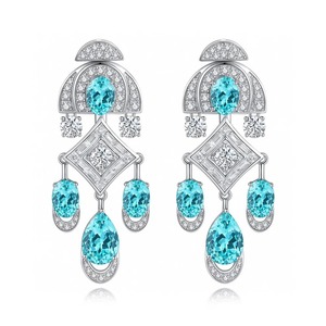 Boucles d'oreilles de luxe géométriques en forme de lustre avec strass en cristal bleu, en argent 925 plaqué rhodium, bijoux de soirée pour femme - Product Image 5