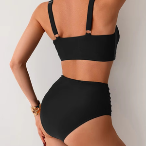 Women Solid Color 2 Piece <b>Bikini</b> <b>Set</b> Twist Front High Waist <b>Push</b> <b>Up</b> Swimwear Ruched Plunge Neck Spandex Polyester Stretch - Product Image 2