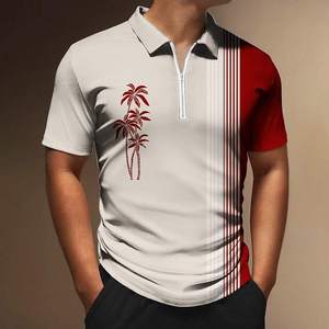Polo à manches courtes pour homme, imprimé palmiers blancs et rouges, coupe classique, décontracté, tricoté, respirant, avec logo frontal et fermeture éclair - Product Image 1