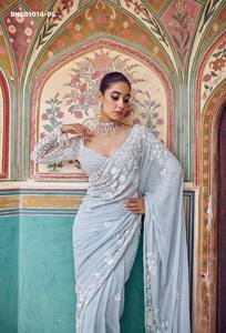 Sari de diseño Bollywood de alta calidad en georgette sintético con bordado, lentejuelas de 5 mm y flecos de cristal, con trabajo Zalar, y blusa - Proveedor de la India - Product Image 3