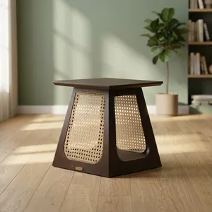 Solid Wooden Rattan Cane Handwoven <b>Bedside</b> <b>Table</b> Seating Stool Square Accent <b>Table</b> for Bedroom Living Room Farmhouse Home Hotel - Product Image 5