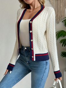 Cardigan en tricot torsadé style preppy avec bordure à rayures contrastées – Pull en tricot blanc à col en V et manches longues avec boutons métalliques - Product Image 2