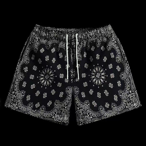 Men's Paisley Print Front Logo Drawstring Shorts <b>Black</b> White Casual Breathable Quick Dry - Product Image 5