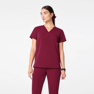 Blouse médicale pour femme, couleur bordeaux, col en V, manches courtes, respirante, en polyester tissé, uniforme de travail pour infirmières, personnel de santé et hôpitaux - Product Image 1