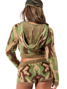 Camouflage Knitted 2 Piece Shorts <b>Set</b> Hooded Zipper Long Sleeve Cropped Top Above Knee Short Pants <b>Sexy</b> Club Wear - Product Image 4