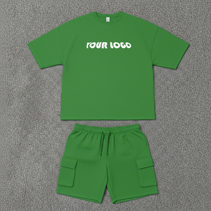 Conjunto de camiseta informal unisex hecha a medida con manga corta y pantalones cortos con cordón, de color sólido, transpirable, de algodón, de dos piezas. - Product Image 5
