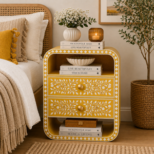 Stylish Floral Resin Bone Inlay Nightstand With Drawers & Shelf Cabinet <b>Bedside</b> End <b>Table</b> For Bedroom Hotel Premium Home Decor - Product Image 1
