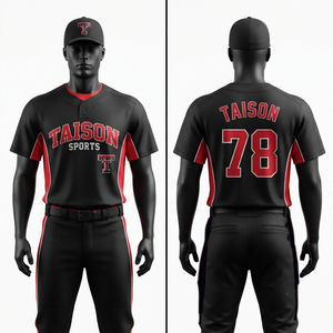 Men Softball Uniform 180 GSM Premium Polyester Interlock Black Red Side Panel Custom <b>Heat</b>-Transfer Applique Front Breathable - Product Image 1